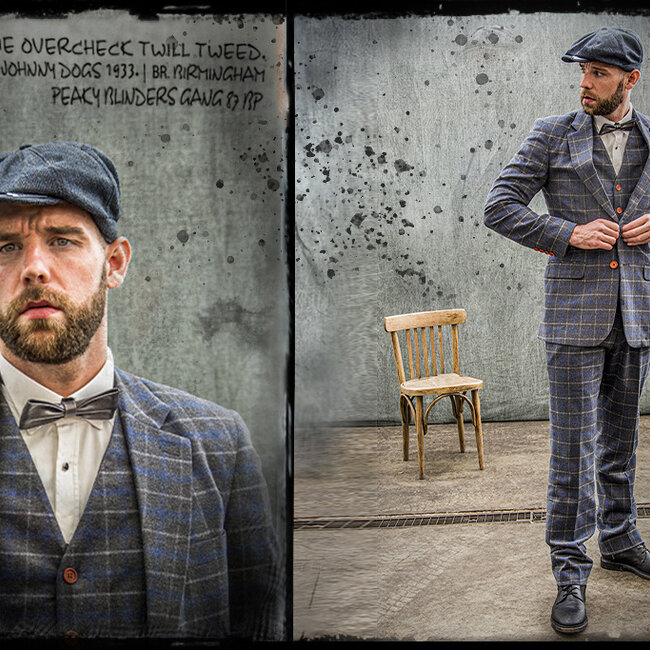 Herren Maßanzug | 3-teiliger Anzug | grau/blauer Overcheck Twill | Johnny Dogs | Peaky Blinders