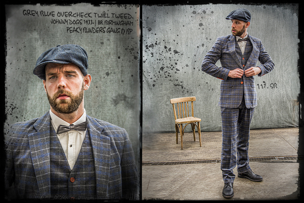 Men's tailored suit | 3-piece suit | grey/blue Overcheck Twill | Johnny Dogs | Peaky Blinders