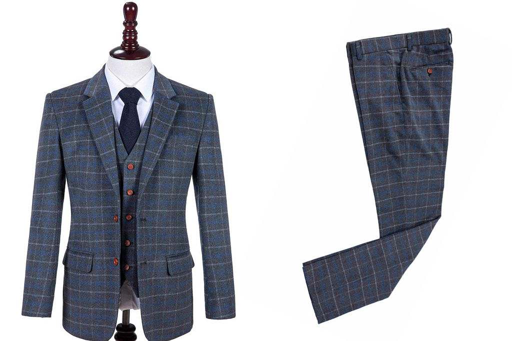 3-piece tweed suit Grey Blue Overcheck Twill Tweed