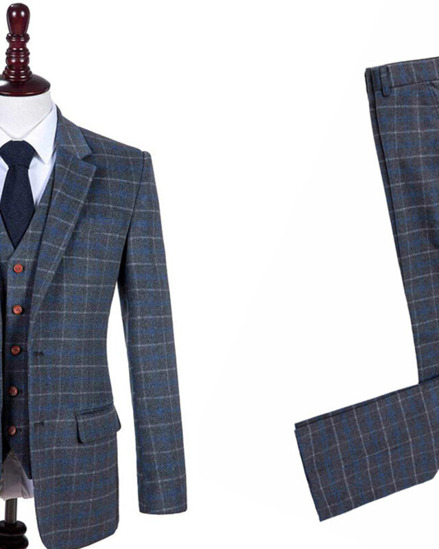 Men's tailored suit | 3-piece suit | grey/blue Overcheck Twill | Johnny Dogs | Peaky Blinders