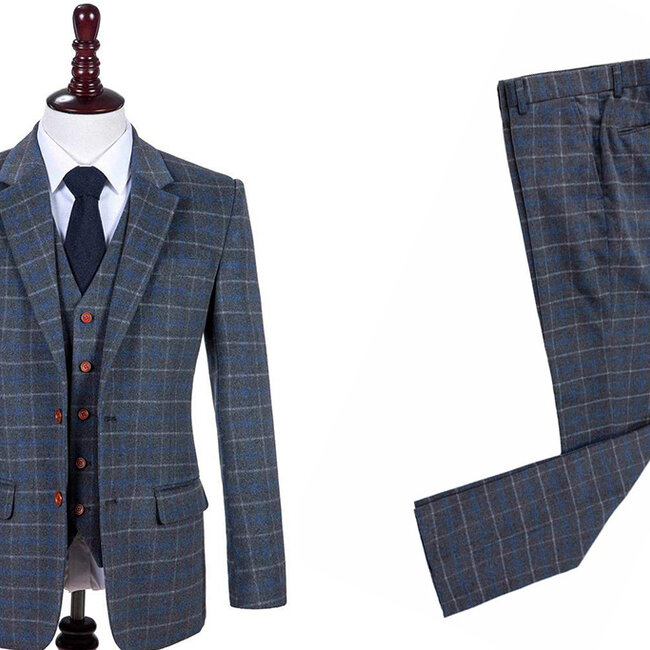 Herren Maßanzug | 3-teiliger Anzug | grau/blauer Overcheck Twill | Johnny Dogs | Peaky Blinders