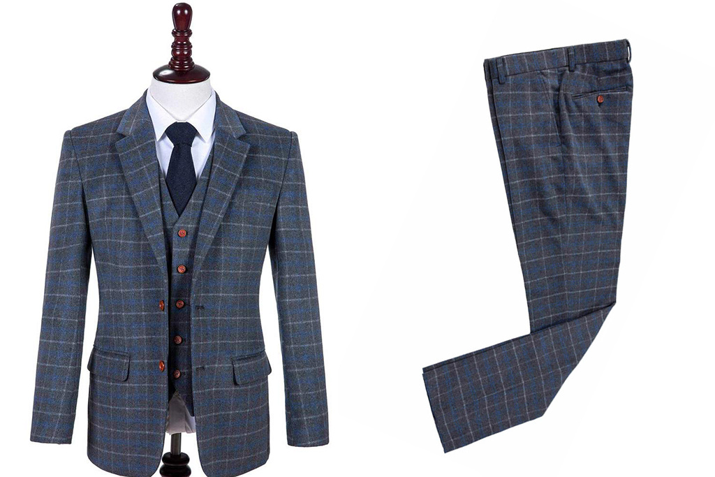Men's tailored suit | 3-piece suit | grey/blue Overcheck Twill | Johnny Dogs | Peaky Blinders