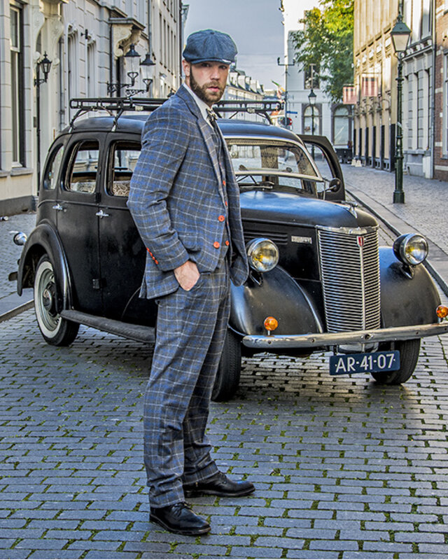 Men's tailored suit | 3-piece suit | grey/blue Overcheck Twill | Johnny Dogs | Peaky Blinders