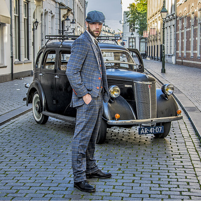 Herren Maßanzug | 3-teiliger Anzug | grau/blauer Overcheck Twill | Johnny Dogs | Peaky Blinders
