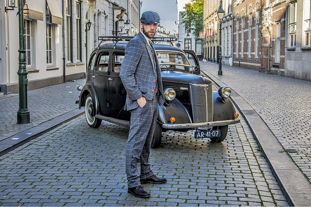 Costume sur mesure pour homme | costume 3 pièces | gris/bleu Overcheck Twill | Johnny Dogs | Peaky Blinders