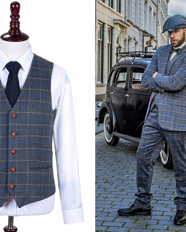 Herren Maßanzug | 3-teiliger Anzug | grau/blauer Overcheck Twill | Johnny Dogs | Peaky Blinders