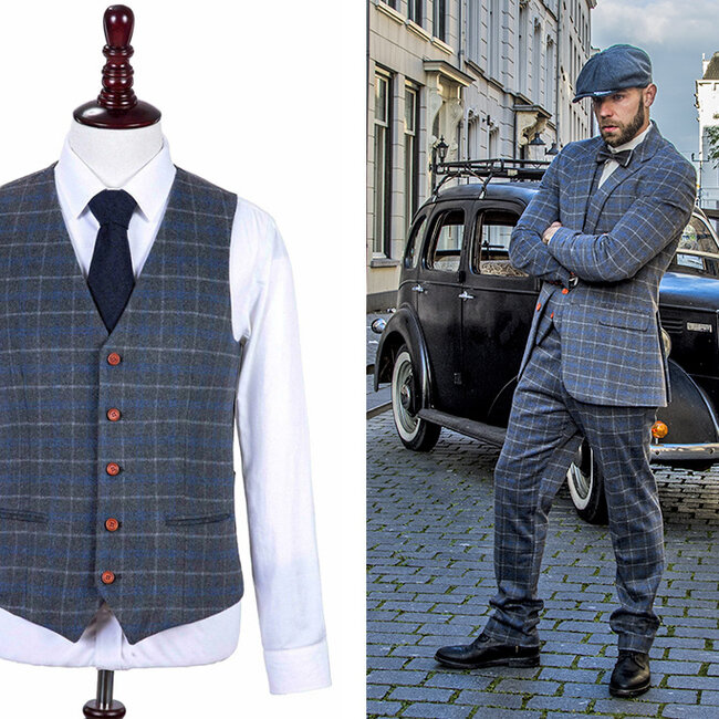 Herren Maßanzug | 3-teiliger Anzug | grau/blauer Overcheck Twill | Johnny Dogs | Peaky Blinders