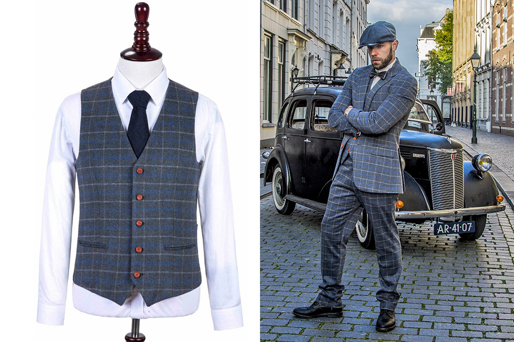 Costume sur mesure pour homme | costume 3 pièces | gris/bleu Overcheck Twill | Johnny Dogs | Peaky Blinders