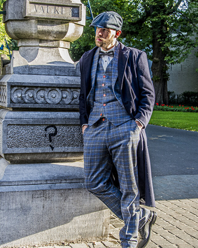 Men's tailored suit | 3-piece suit | grey/blue Overcheck Twill | Johnny Dogs | Peaky Blinders