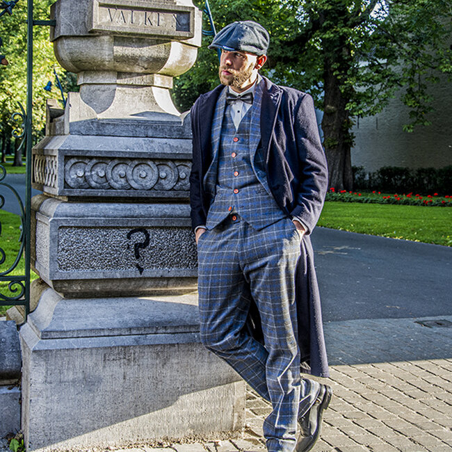 Maatpak voor heren | 3-delig pak | grijs/blauw Overcheck Twill | Johnny Dogs | Peaky Blinders