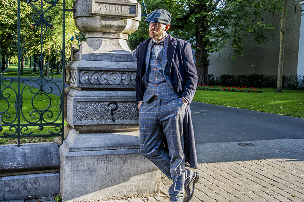 Costume sur mesure pour homme | costume 3 pièces | gris/bleu Overcheck Twill | Johnny Dogs | Peaky Blinders