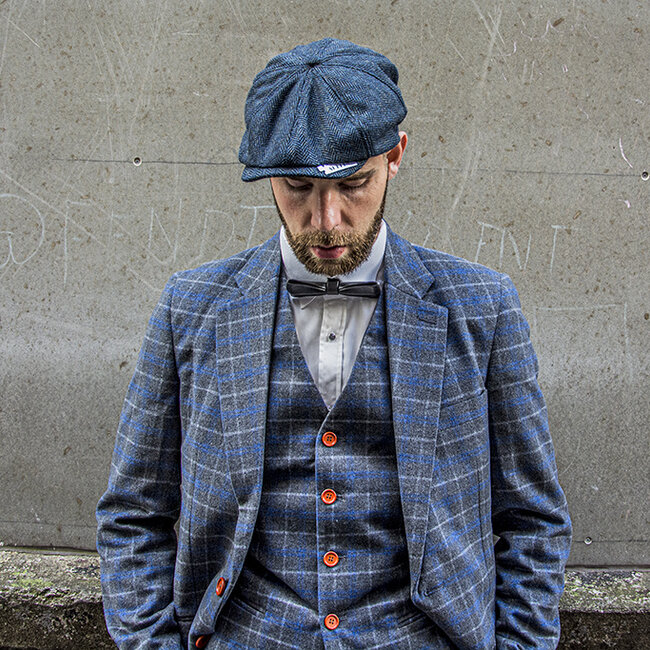 Herren Maßanzug | 3-teiliger Anzug | grau/blauer Overcheck Twill | Johnny Dogs | Peaky Blinders