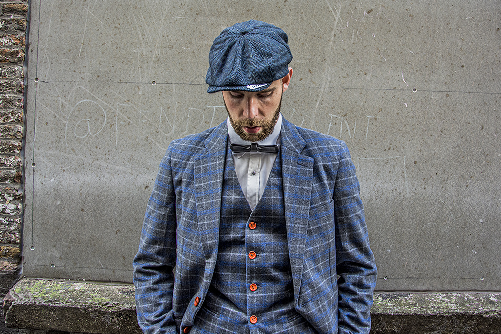 Traje de 3 piezas de tweed Gris Azul Tweed de Sarga a Cuadros