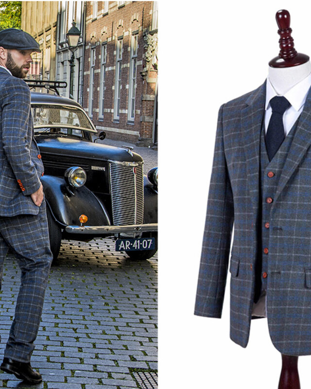 Men's tailored suit | 3-piece suit | grey/blue Overcheck Twill | Johnny Dogs | Peaky Blinders
