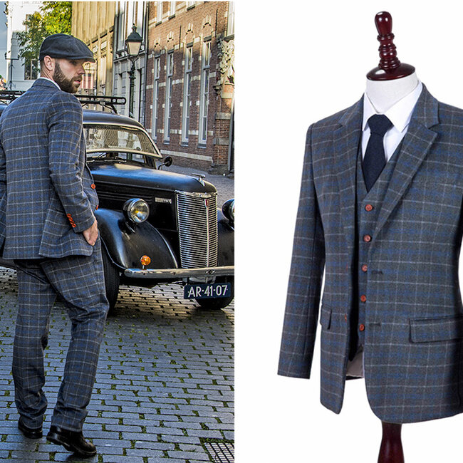 Maatpak voor heren | 3-delig pak | grijs/blauw Overcheck Twill | Johnny Dogs | Peaky Blinders
