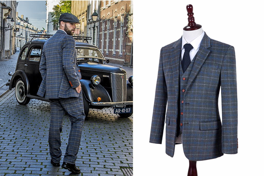 Men's tailored suit | 3-piece suit | grey/blue Overcheck Twill | Johnny Dogs | Peaky Blinders