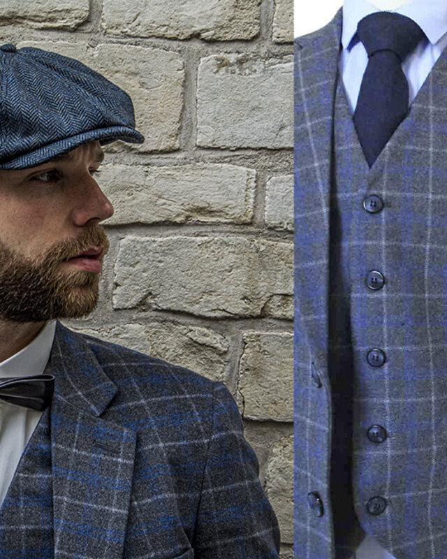 Men's tailored suit | 3-piece suit | grey/blue Overcheck Twill | Johnny Dogs | Peaky Blinders