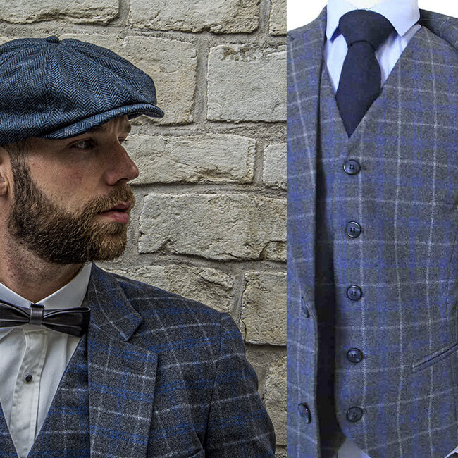 Herren Maßanzug | 3-teiliger Anzug | grau/blauer Overcheck Twill | Johnny Dogs | Peaky Blinders