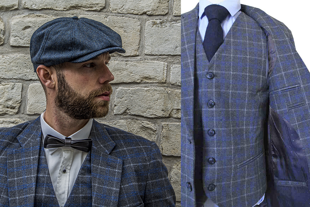Men's tailored suit | 3-piece suit | grey/blue Overcheck Twill | Johnny Dogs | Peaky Blinders