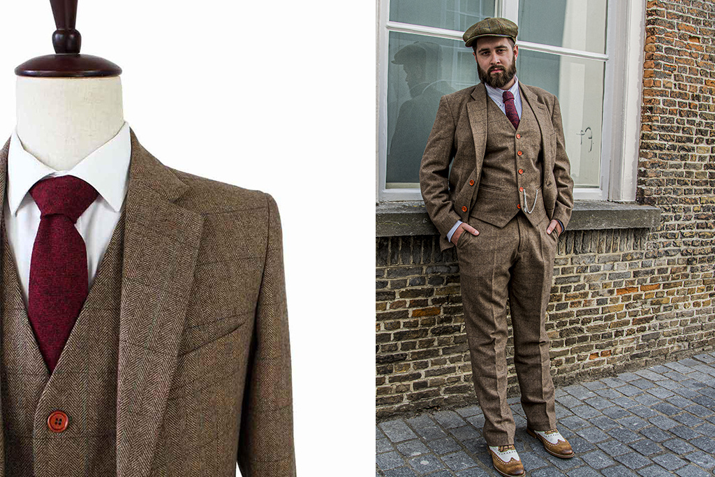 3-delig tweed pak Bruin Herringbone Tweed