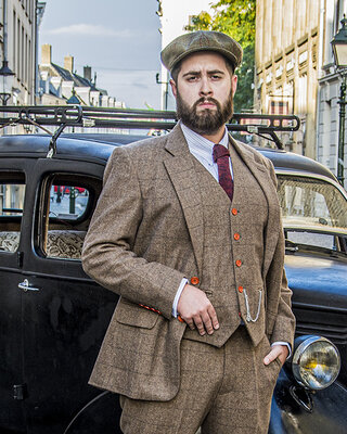 Tweed Pak Bruin Visgraat Overcheck