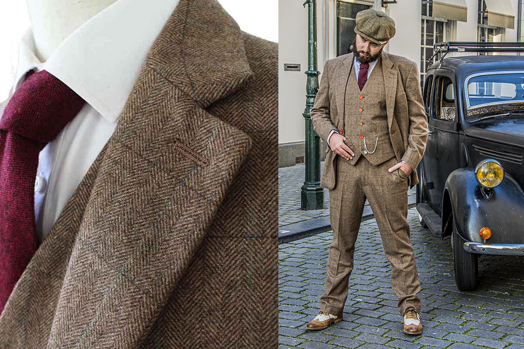3-teiliger Tweed-Anzug Brauner Herringbone-Tweed