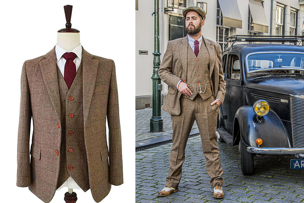 3-teiliger Tweed-Anzug Brauner Herringbone-Tweed