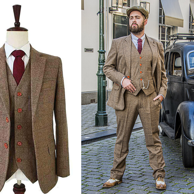 Maatpak voor heren | 3-delig pak | bruin visgraat | Danny Whizz-Bang | Peaky Blinders