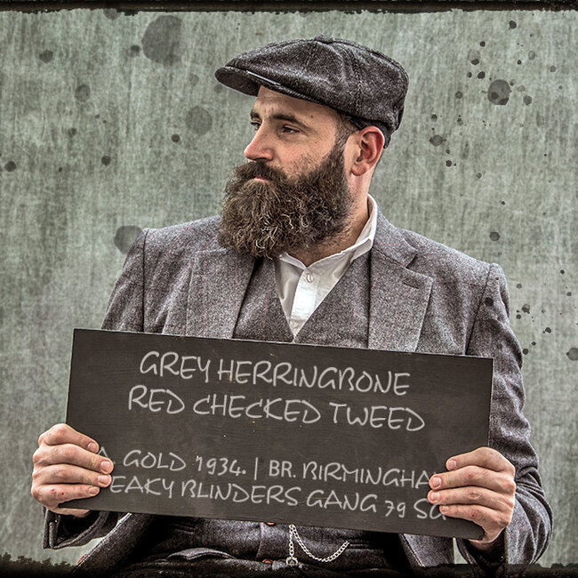 Herren Maßanzug | 3-teiliger Anzug | grau/rot kariert | Aberama Gold | Peaky Blinders