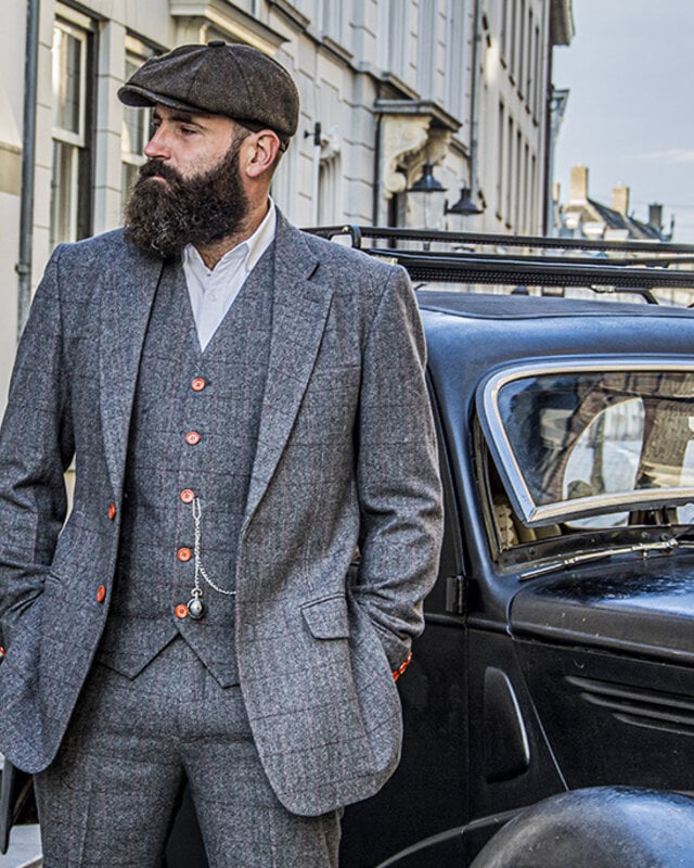Herren Maßanzug | 3-teiliger Anzug | grau/rot kariert | Aberama Gold | Peaky Blinders