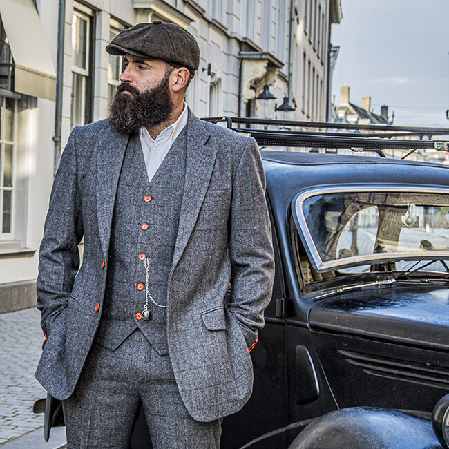Herren Maßanzug | 3-teiliger Anzug | grau/rot kariert | Aberama Gold | Peaky Blinders