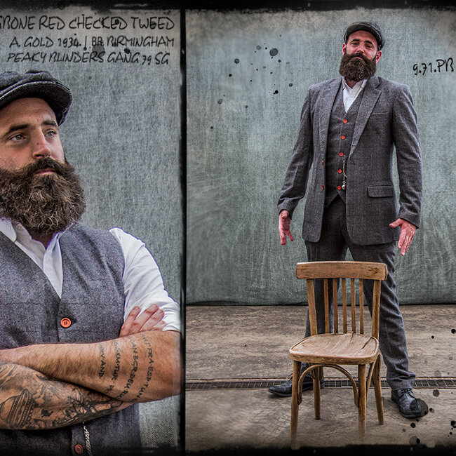Herren Maßanzug | 3-teiliger Anzug | grau/rot kariert | Aberama Gold | Peaky Blinders