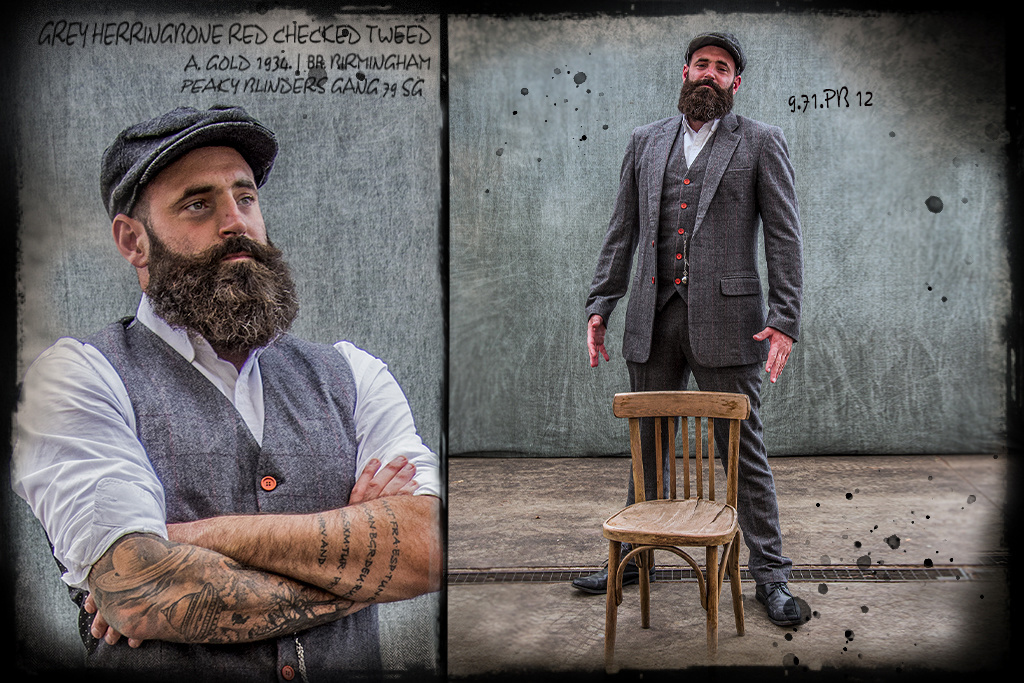 Men's tailored suit | 3-piece suit | grey/red plaid | Aberama Gold | Peaky Blinders