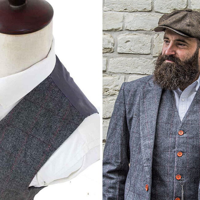 Herren Maßanzug | 3-teiliger Anzug | grau/rot kariert | Aberama Gold | Peaky Blinders