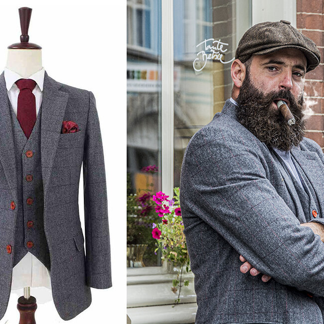Herren Maßanzug | 3-teiliger Anzug | grau/rot kariert | Aberama Gold | Peaky Blinders