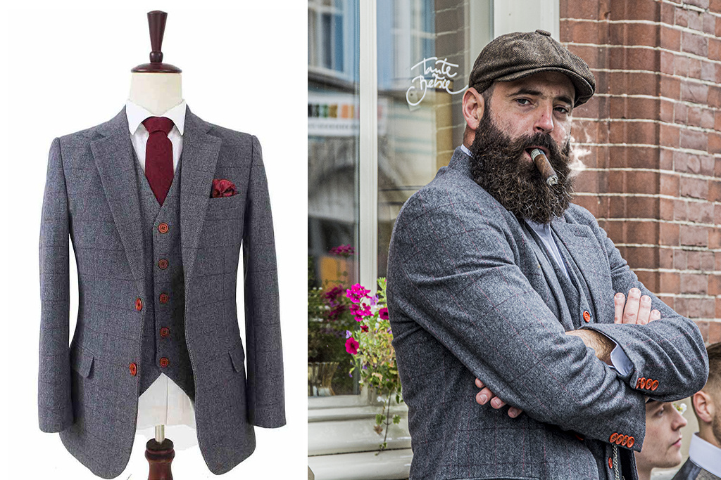 Men's tailored suit | 3-piece suit | grey/red plaid | Aberama Gold | Peaky Blinders