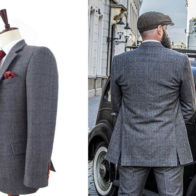 Maatpak voor heren | 3-delig pak | grijs/rood plaid | Aberama Gold | Peaky Blinders