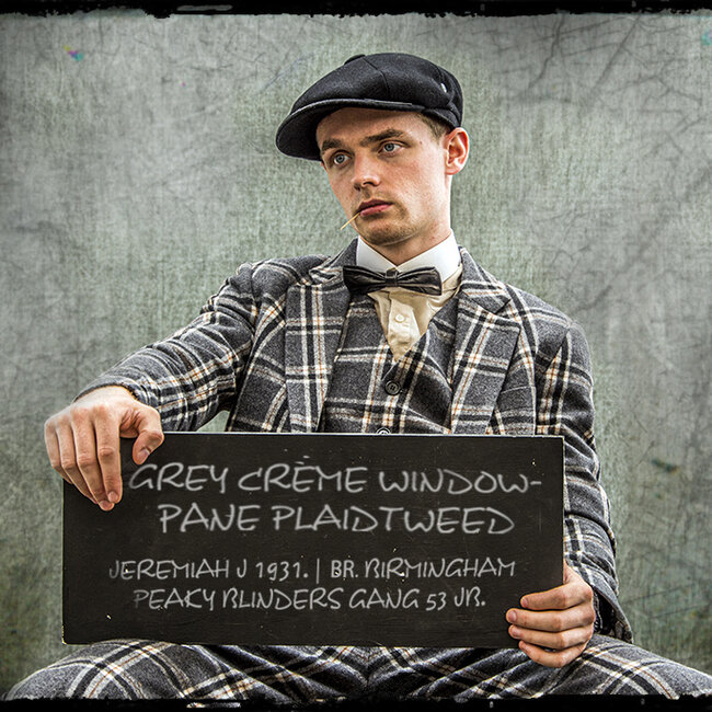 Maatpak voor heren | 3-delig pak | grijs/crème Windowpane | Jeremiah Jesus | Peaky Blinders
