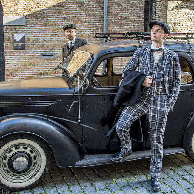 Maatpak voor heren | 3-delig pak | grijs/crème Windowpane | Jeremiah Jesus | Peaky Blinders