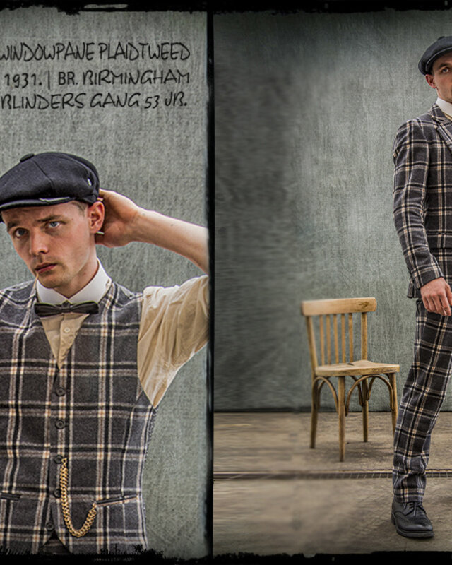 Maatpak voor heren | 3-delig pak | grijs/crème Windowpane | Jeremiah Jesus | Peaky Blinders