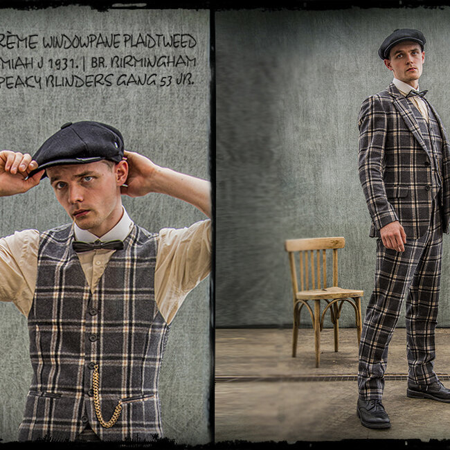 Maatpak voor heren | 3-delig pak | grijs/crème Windowpane | Jeremiah Jesus | Peaky Blinders