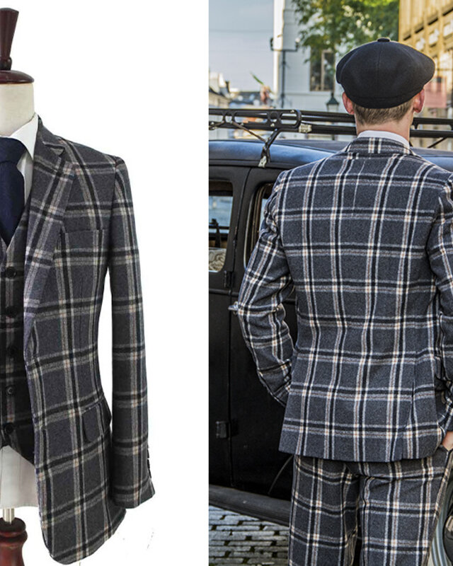 Traje sastre hombre | Traje 3 piezas | gris/crema Windowpane | Jeremiah Jesus | Peaky Blinders