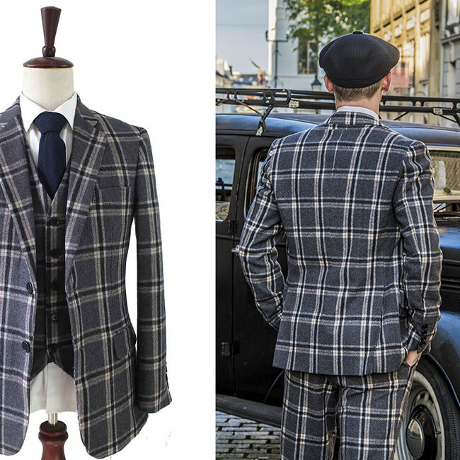Maatpak voor heren | 3-delig pak | grijs/crème Windowpane | Jeremiah Jesus | Peaky Blinders