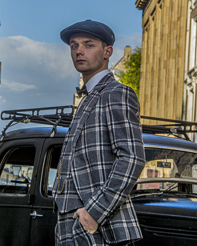 Traje sastre hombre | Traje 3 piezas | gris/crema Windowpane | Jeremiah Jesus | Peaky Blinders