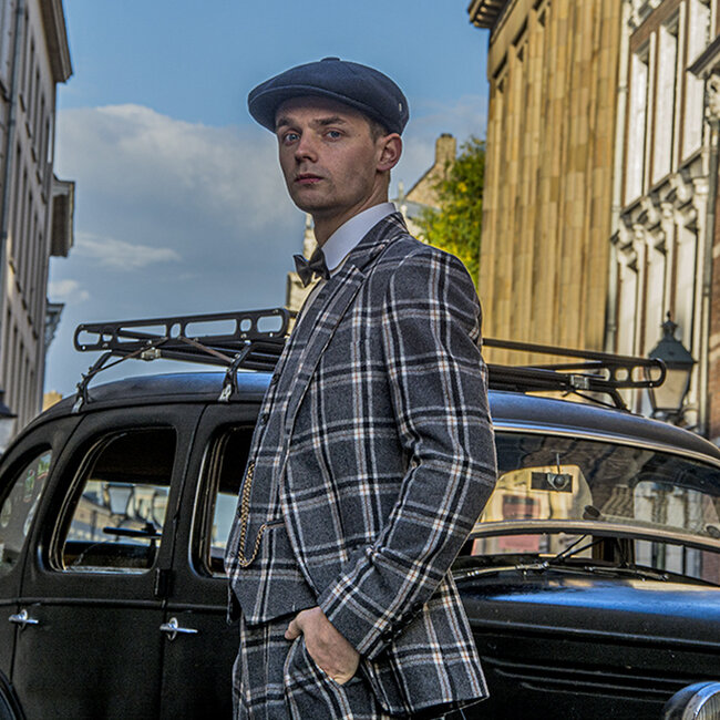 Maatpak voor heren | 3-delig pak | grijs/crème Windowpane | Jeremiah Jesus | Peaky Blinders