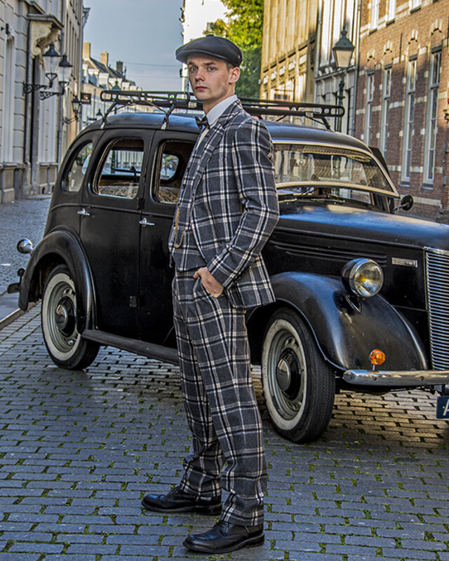 Traje sastre hombre | Traje 3 piezas | gris/crema Windowpane | Jeremiah Jesus | Peaky Blinders