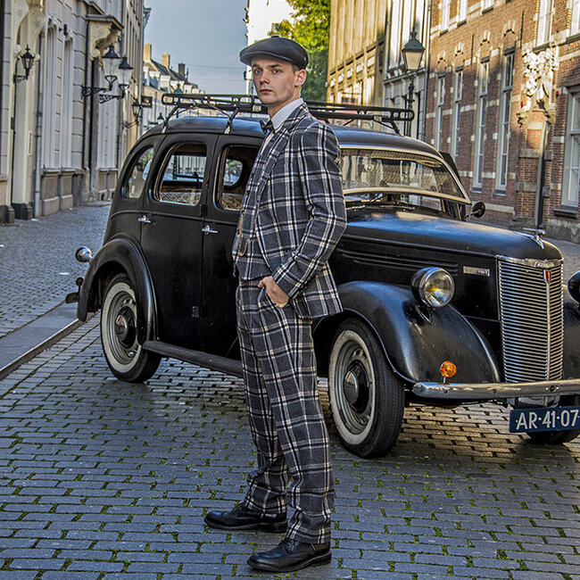 Maatpak voor heren | 3-delig pak | grijs/crème Windowpane | Jeremiah Jesus | Peaky Blinders
