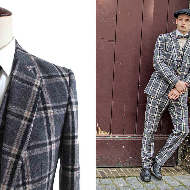 Maatpak voor heren | 3-delig pak | grijs/crème Windowpane | Jeremiah Jesus | Peaky Blinders