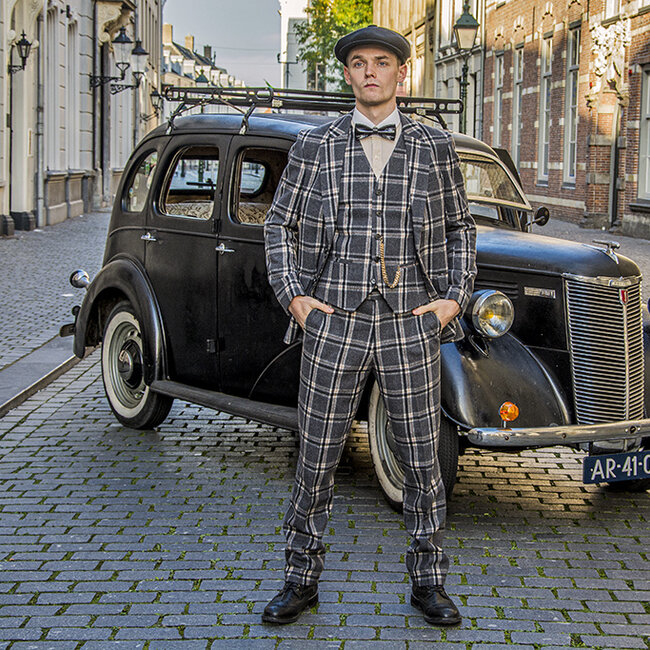 Maatpak voor heren | 3-delig pak | grijs/crème Windowpane | Jeremiah Jesus | Peaky Blinders