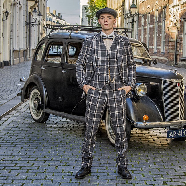 Traje sastre hombre | Traje 3 piezas | gris/crema Windowpane | Jeremiah Jesus | Peaky Blinders